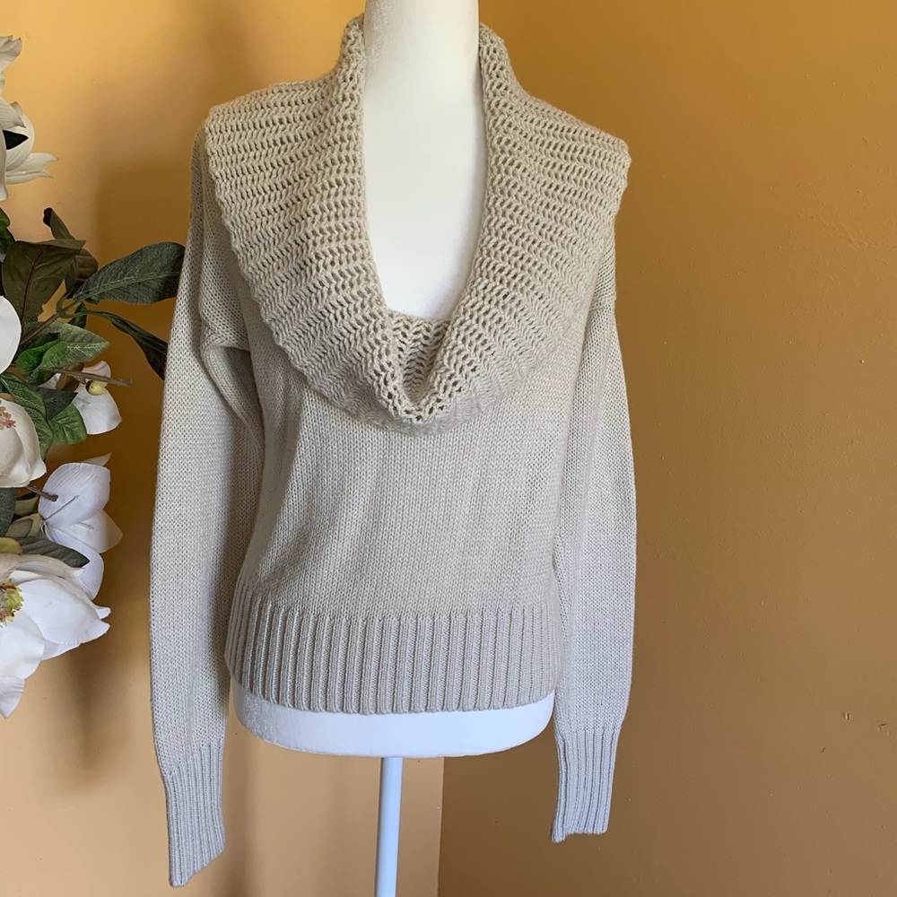 To the Max Sweater Oatmeal Long Sleeve Wool Sweater Cowl Knit Sweater Size Large